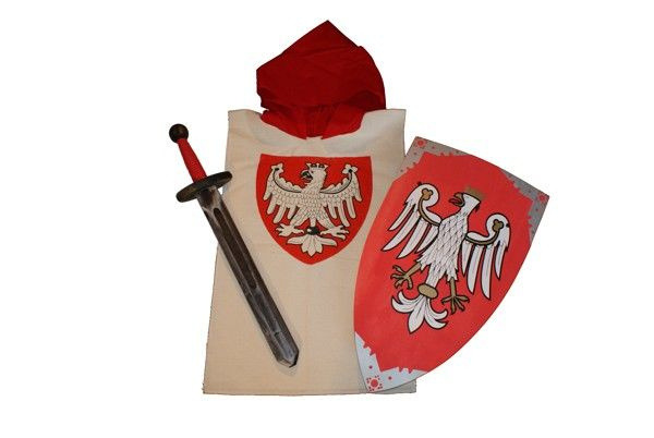 Rycerz pogoń duży - tunika biała z kapturem, tarcza i miecz 57cm