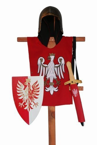 Rycerz polski orzeł tunika, hełm, tarcza i miecz 49 z pochwą czerwoną
