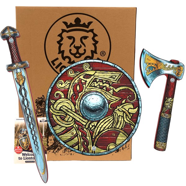 Zestaw wikinga miecz tarcza i topór Liontouch