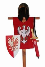 Rycerz polski orzeł tunika, hełm, tarcza i miecz 49 z pochwą czerwoną