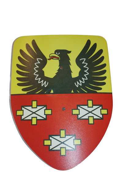 Stój rycerz Zawisza Czarny 5-el; hełm, tunika z kapturem, miecz z pochwą i tarcza