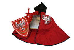 Rycerz pancerny polski: zbroja, płaszcz czerwony, miecz 50 cm z pochwą, tarcza