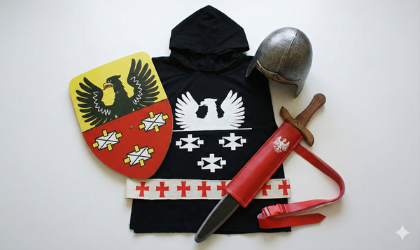 Stój rycerz Zawisza Czarny 5-el; hełm, tunika z kapturem, miecz z pochwą i tarcza