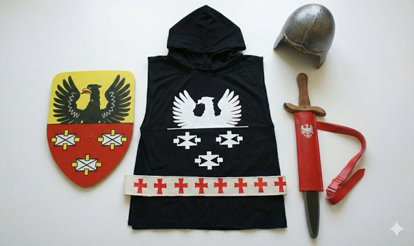 Stój rycerz Zawisza Czarny 5-el; hełm, tunika z kapturem, miecz z pochwą i tarcza