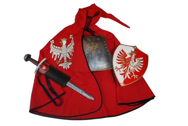 Rycerz pancerny polski: zbroja, płaszcz czerwony, miecz 65 cm