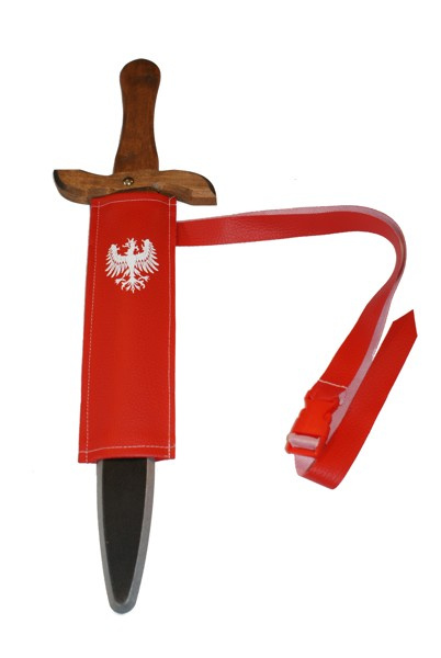 Stój rycerz Zawisza Czarny 5-el; hełm, tunika z kapturem, miecz z pochwą i tarcza